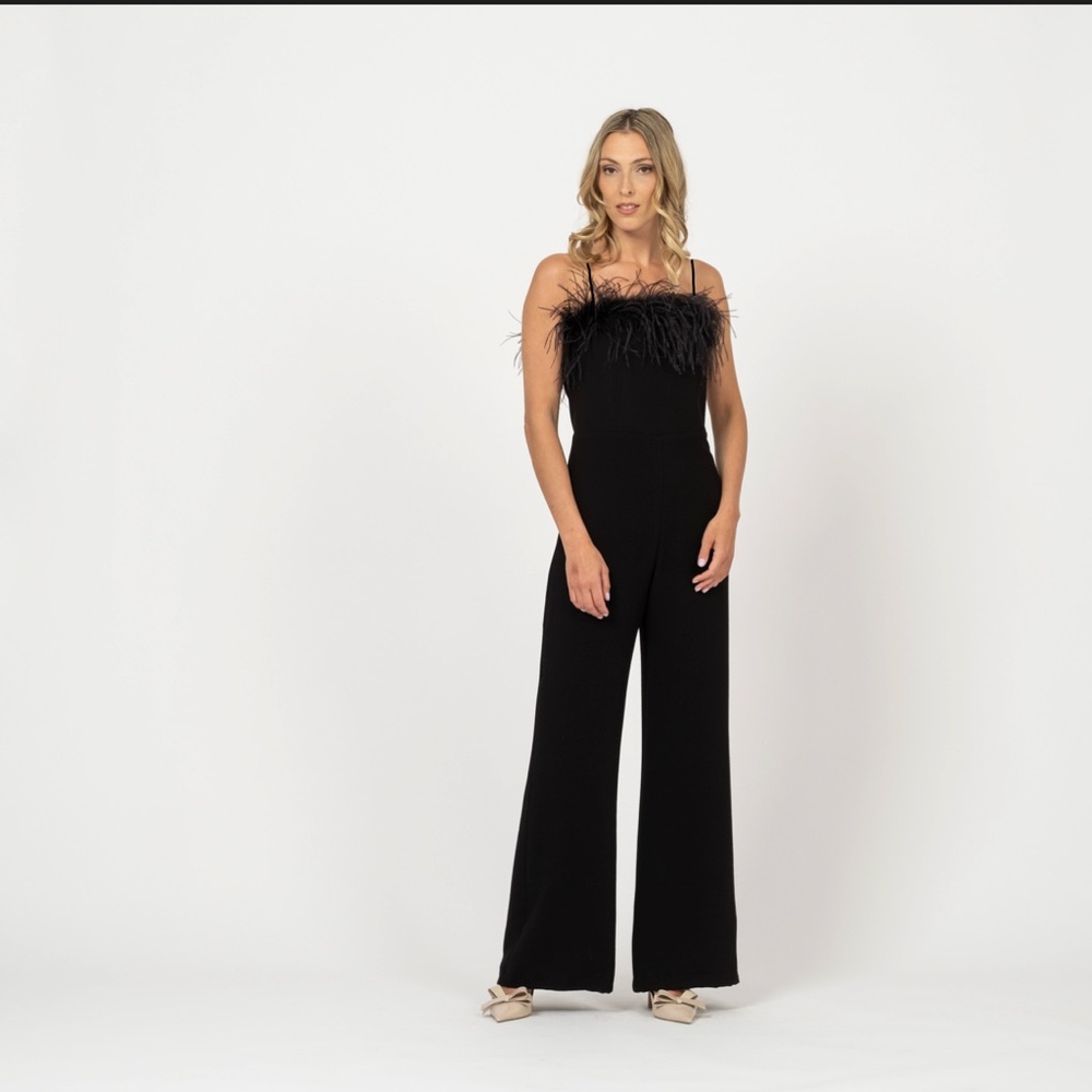 NWT GB Black Feather-Trim Flare Jumpsuit Women’s Size XL